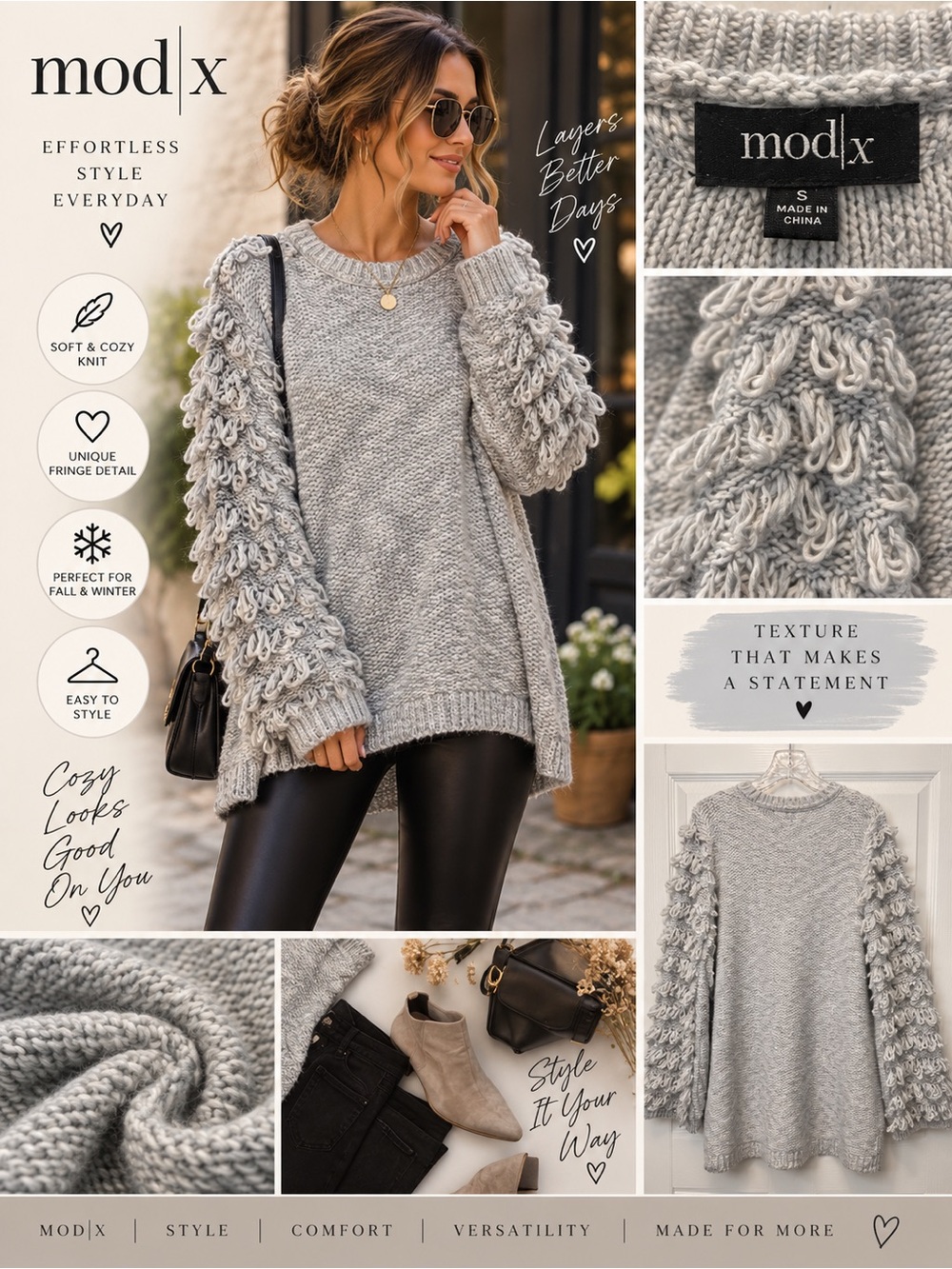 Mod X Gray Chunky Knit Sweater Women’s S Fringe Sleeve Oversized Boho